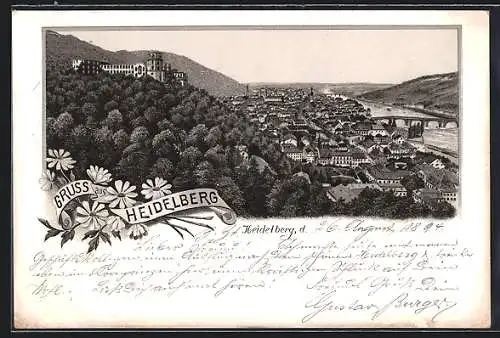 Vorläufer-Lithographie Heidelberg, 1894, Totalansicht mit dem Schloss