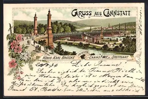 Vorläufer-Lithographie Stuttgart-Cannstatt, 1894, König-Karl-Brücke