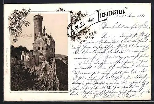 Vorläufer-Lithographie Lichtenstein / Echaztal, 1893, Blick auf das Schloss