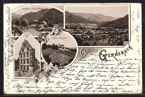 Vorläufer-Lithographie Gernsbach, 1894, Rathaus, Schloss Eberstein, Totalansicht