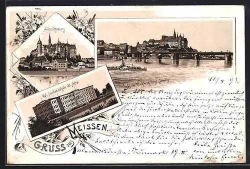 Vorläufer-Lithographie Meissen, 1893, Albrechtsburg, Kgl. Landesschule St. Afra, Ortsansicht mit Raddampfer Meissen