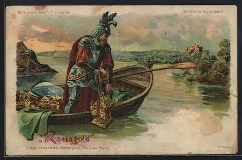 Lithographie Nibelungen-Sage, Hagen versenkt den Schatz im Rhein, Nixen im Rhein, Halt gegen das Licht