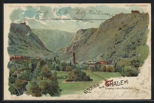 Lithographie Thale a. H., Eingang in das Bodethal, Sage von der Rosstrappe, Halt gegen das Licht