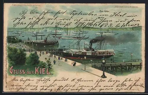 Lithographie Kiel, Dampfer am Hafen, Laternen und Mond leuchten, Halt gegen das Licht