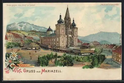 Lithographie Mariazell, Ansicht der Wallfahrtskirche, Mondschein und Gnadenbild, Halt gegen das Licht