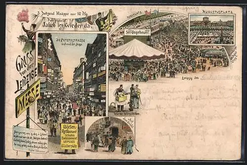 Vorläufer-Lithographie Leipzig, 1894, Messe, Juden auf dem Brühl, Festplatz mit Buden und Fahrgeschäften, Petersstrasse