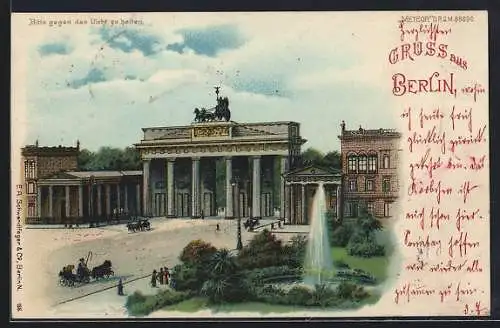 Lithographie Berlin-Tiergarten, Brandenburger Tor, mondhelle Nacht, Halt gegen das Licht