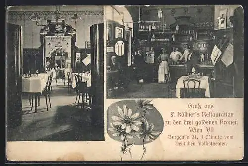 AK Wien, F. Köllner`s Restaurant zu den drei goldenen Kronen, Innenansichten, Burggasse 21