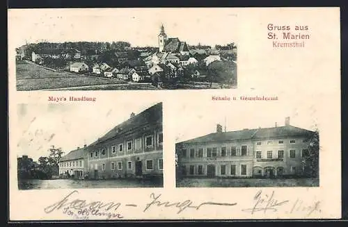 AK St. Marien / Kremsthal, Blick auf den Ort, Mayr's Handlung, Schule, Gemeindeamt