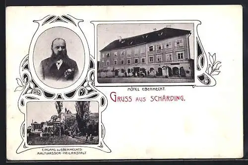 AK Schärding, Hotel Ebenhecht, Eingang zu Ebenhechts Kaltwasser-Heilanstalt, Porträt