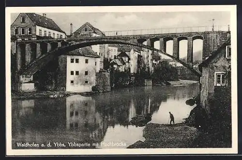 AK Waidhofen / Ybbs, Flusspartie mit Hochbrücke