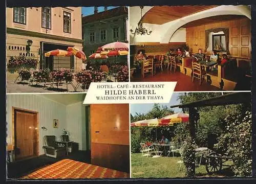 AK Waidhofen an der Thaya, Hotel-Café Hilde Haberl, Innenansicht und Sitze im Garten