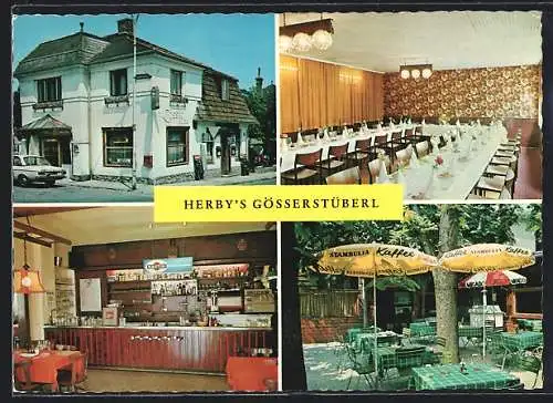 AK Maria Enzersdorf, Gasthaus Herby`s Gösserstüberl, Kirchengasse 24, Aussen- und Innenansicht