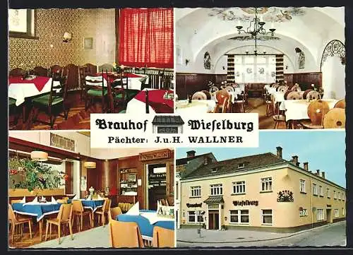 AK Wieselburg, Gasthaus Brauhof Wieselburg, Bes. J. u. H. Wallner, Aussen- und Innenansichten