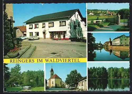 AK Reingers im Waldviertel, Gasthaus, Uferpartie und Kirche