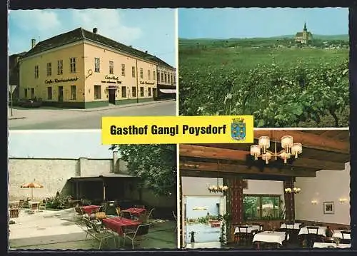 AK Poysdorf, Gasthof Gangl, Aussenansicht, Sitze im Freien und Weinberg