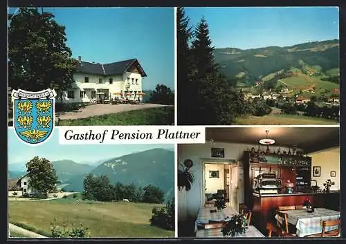 AK Kleinzell, Gasthof und Pension M. L. Plattner, Aussen- und Innenansicht mit Ortswappen