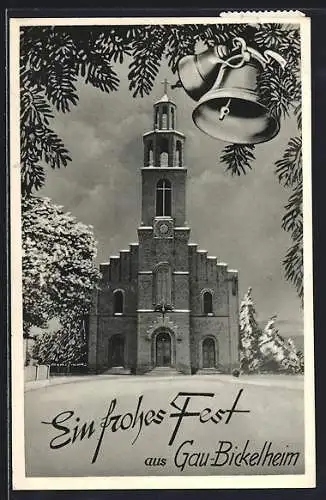AK Gau-Bickelheim, Blick auf die Kirche, Tannenzweige und Glocke