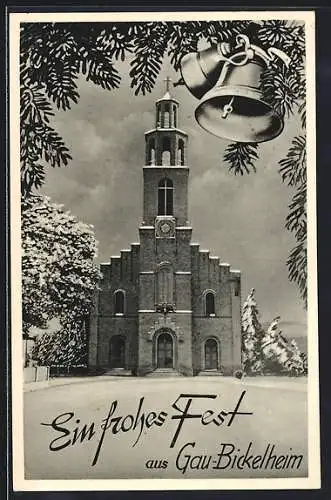 AK Gau-Bickelheim, Blick auf die Kirche, Tannenzweige und Glocke