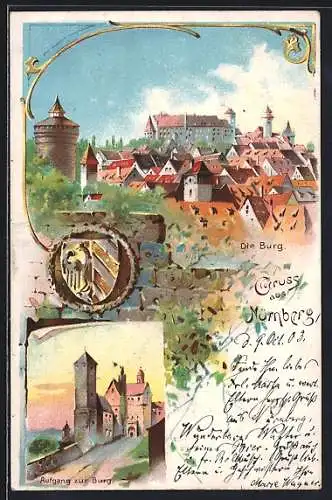 Lithographie Nürnberg, Die Burg, Aufgang zur Burg