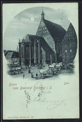 Mondschein-AK Freiberg i. S., Bahnhof und Dom