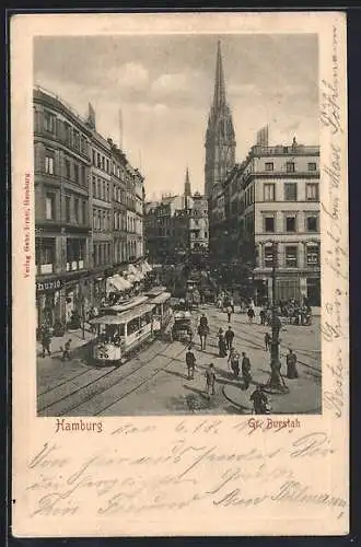 AK Hamburg, Hamburger Strassenbahn Linie 70, Gr. Burstah, Blick auf die Kirche, Unfallversicherung Viktoria