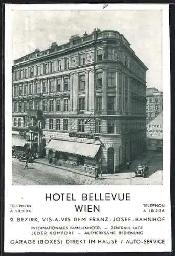 AK Wien, Hotel Bellevue, vis-a-vis Franz Josef-Bahnhof