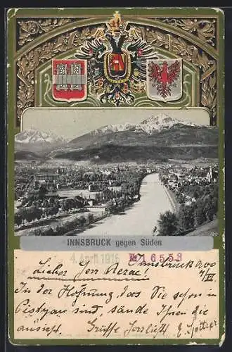 Präge-AK Innsbruck, Gesamtansicht gegen Süden, Wappen, Ornament-Rahmen