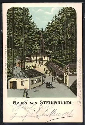 Lithographie Krummnussbaum, Steinbründl, Ortsansicht, J. Renner's Gasthaus