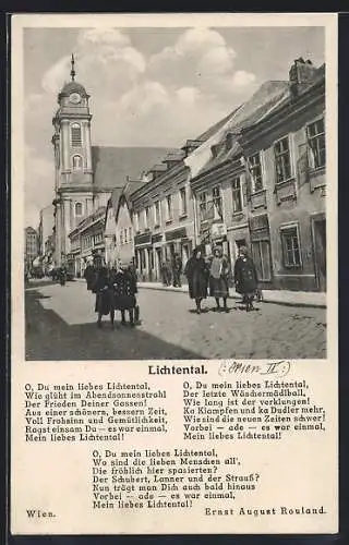 AK Wien-Lichtental, Strassenpartie mit Kirche, Gedicht