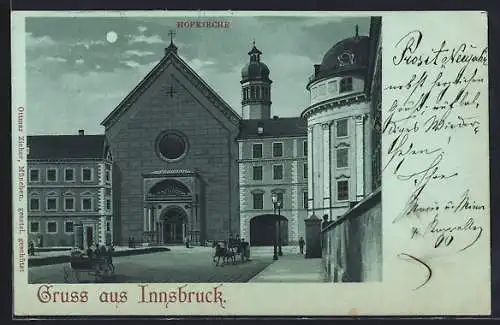 Mondschein-Lithographie Innsbruck, Hofkirche mit Strasse und Kutschen