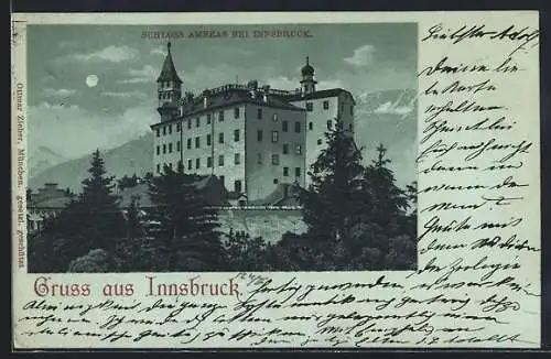 Mondschein-Lithographie Innsbruck, Schloss Ambras vor Bergpanorama