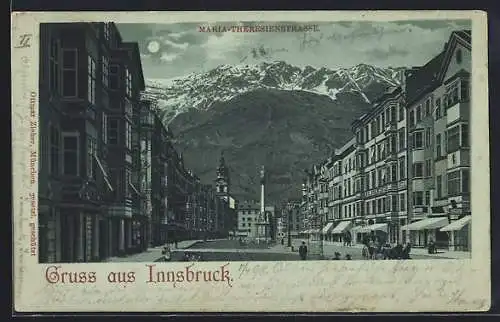 Mondschein-Lithographie Innsbruck, Maria-Theresienstrasse mit Säulendenkmal und Bergpanorama