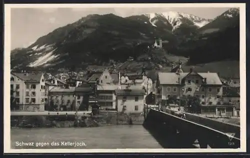 AK Schwaz, Gasthof Brücke mit Blick gegen das Kellerjoch