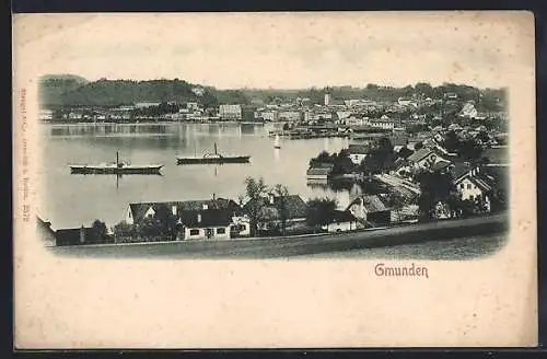 AK Gmunden, Ortspanorama, Dampfer