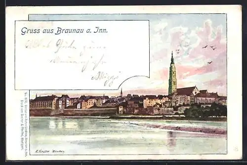 AK Braunau a. Inn, Ortsansicht mit dem Kirchturm