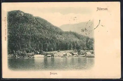 AK Burgau /Attersee, Ortsansicht vom Wasser aus