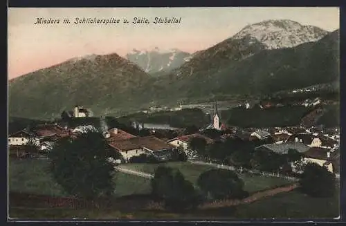 AK Mieders /Stubaital, Ortsansicht mit Schlickerspitze und Saile