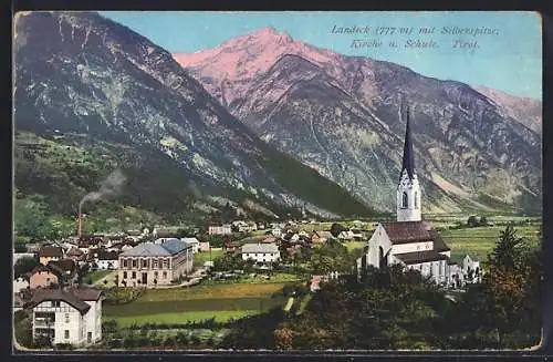 AK Landeck /Tirol, Kirche und Schule gegen Silberspitze