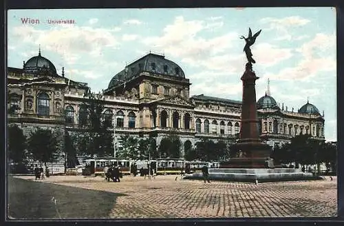 AK Wien, Universität mit Denkmal und Strassenbahn