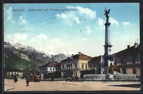 AK Innsbruck, Südbahnhof mit Vereinigungsbrunnen und Strassenbahn