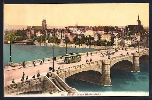 AK Basel, Neue Rheinbrücke mit Strassenbahn