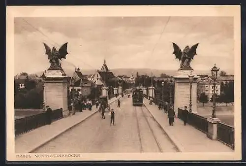 AK Basel, Wettsteinbrücke mit Strassenbahn