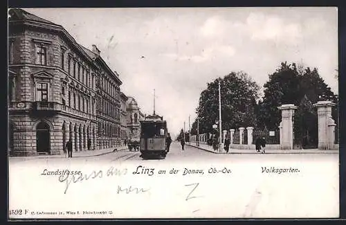 AK Linz an der Donau, Volksgarten mit Strassenbahn