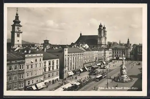 AK Linz a. D., Platz, Strassenbahn