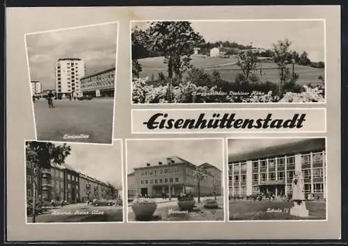 AK Eisenhüttenstadt, Leninallee, Postamt und Heinrich-Heine-Alee