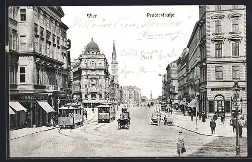 AK Wien, Praterstrasse mit Strassenbahnen