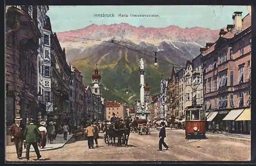 AK Innsbruck, Maria Theresienstrasse mit Strassenbahn und Kutschen