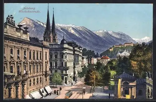 AK Salzburg, Strassenbahn in der Westbahnstrasse aus der Vogelschau