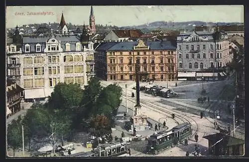 AK Graz, Strassenbahnen auf dem Jakominiplatz